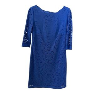Tahari Shift Dress, Size 8, Royal Blue, Circular Cut-Outs, 3/4 Sheer Sleeves.